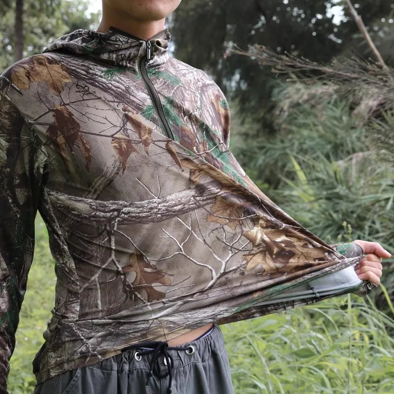 Summer Thin Sun Protection Fishing Jacket Long-Sleeved Cycling Hooded Jacket Tree Bionic Camouflage Hunting Jungle Ghillie Suit