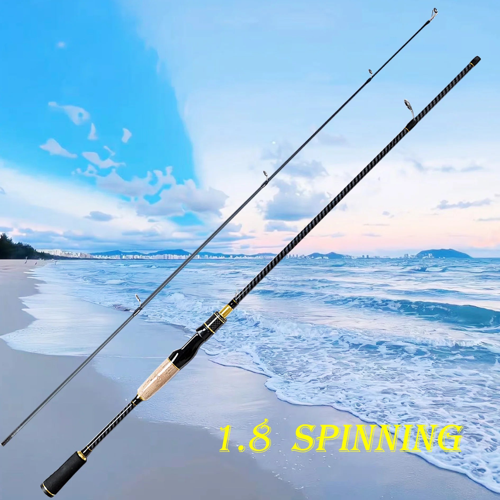 1.8-Meter Two-Section Lure Rod Suitable for Various Waters, Lightweight and Portable, Comfortable to Hold, Imitation Wood Soft Handle, Eav Segmented Grip, All-Black Color with Gold Accents, Enhanced Fashion, Ceramic Guide Rin