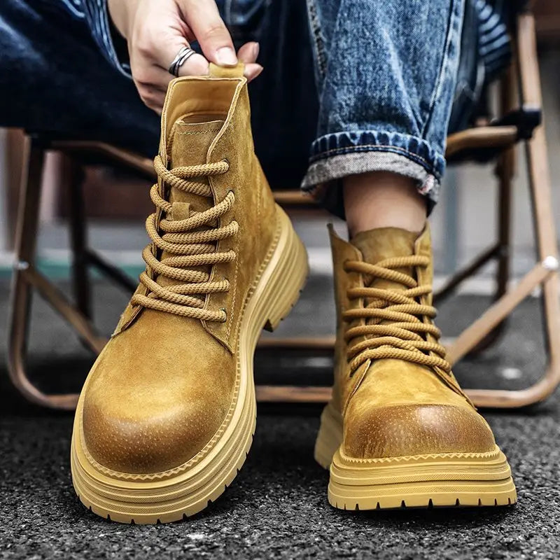 Outdoor Leather Mens Ankle Boots Fashion High Top Men's Casual Shoes British Style Male Work Boots Lace-up Walking Hiking Shoes