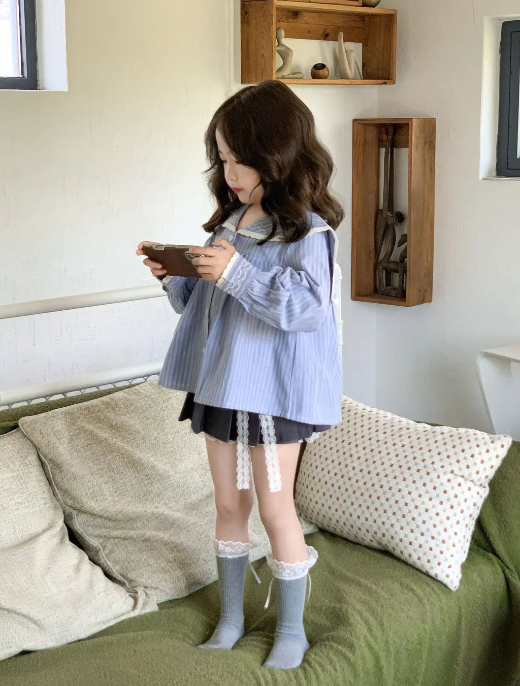 Korean Children's Clothing Girls' Shirt for Spring and Summer 2026 Blue Stripe Long Sleeved All-match Kids Shirt