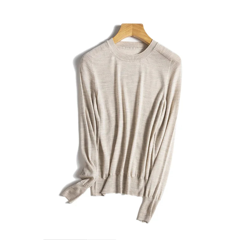 Birdtree, 100% Pure Wool Elegant Thin Sweater, Women O Neck Long Sleeve, Basics Bottom Knit Tops, 2024 Summer New T46840QM