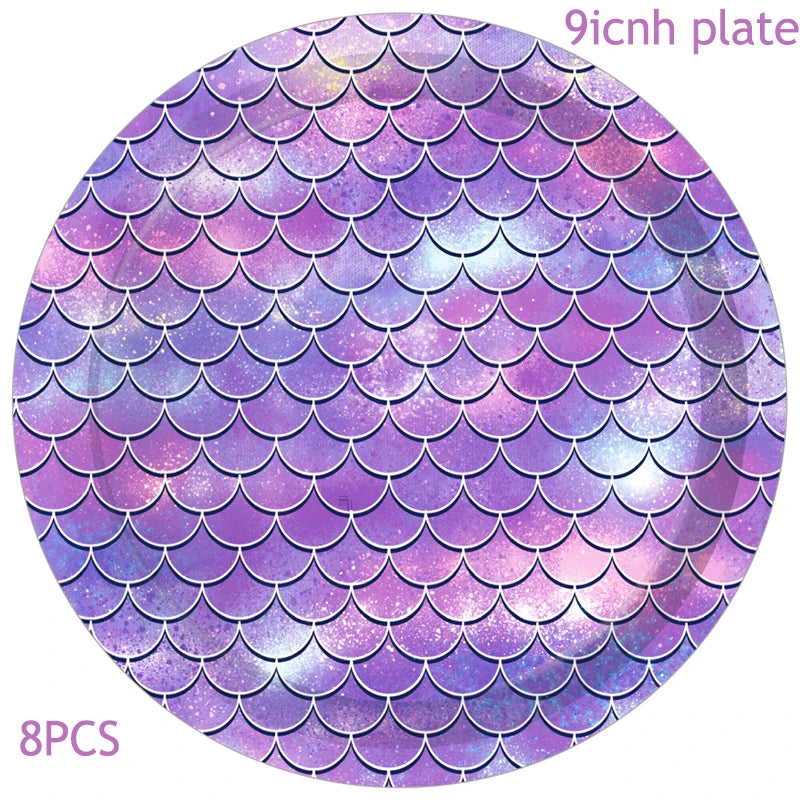 Mermaid Themed Party Disposable Tableware Purple Paper Plate Cup Knife Fork Spoon Girls Birthday Party Supplie Baby Shower Decor