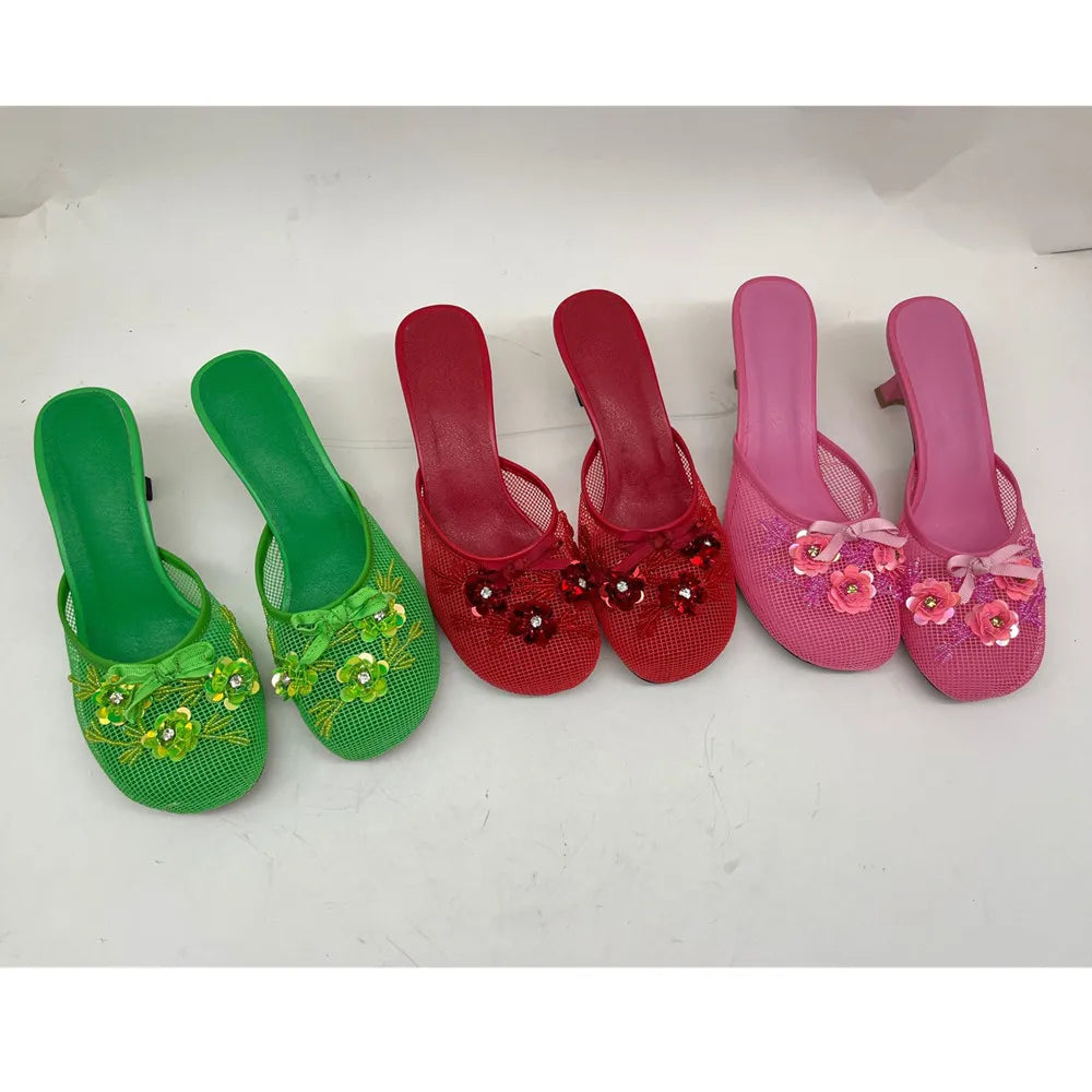 2026 Summer Spring Women Slippers for Woman Mesh Flower High Heeled Shoes Sexy Ladies Slip-On Non-Slip Round Toe Wedding Sandals