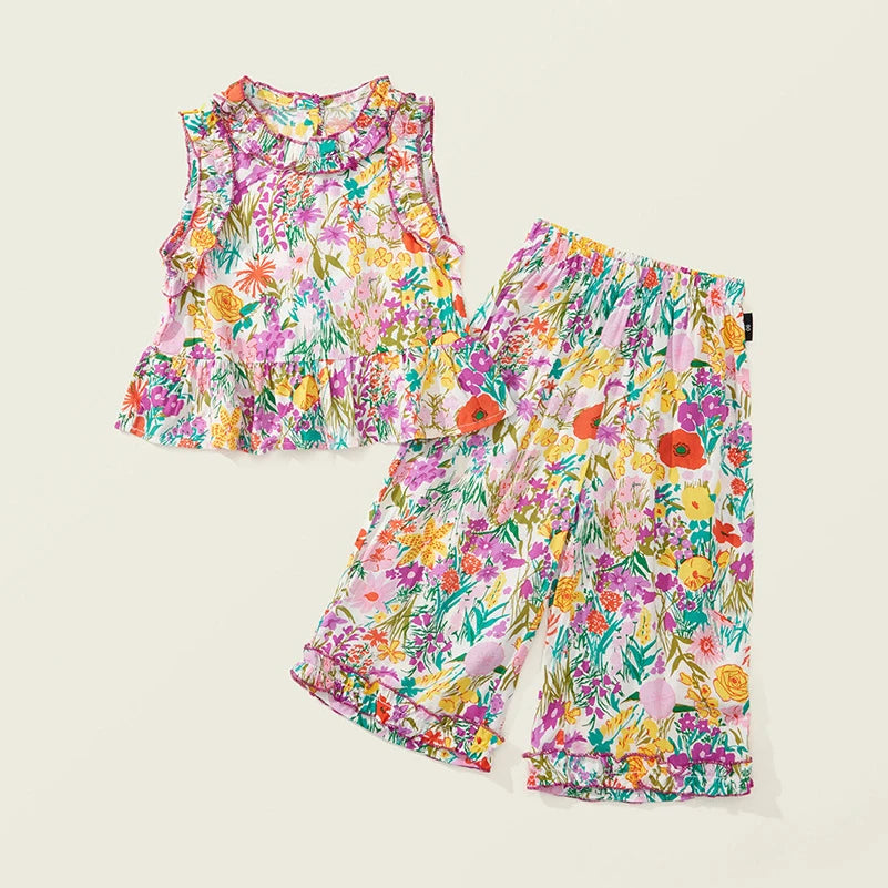 Children's Clothing Sets Floral Print Lace Sleeveless Top + Wide-leg Pants 2pcs Kids Clothes for Girls 2 To 7 Years Outfit Set
