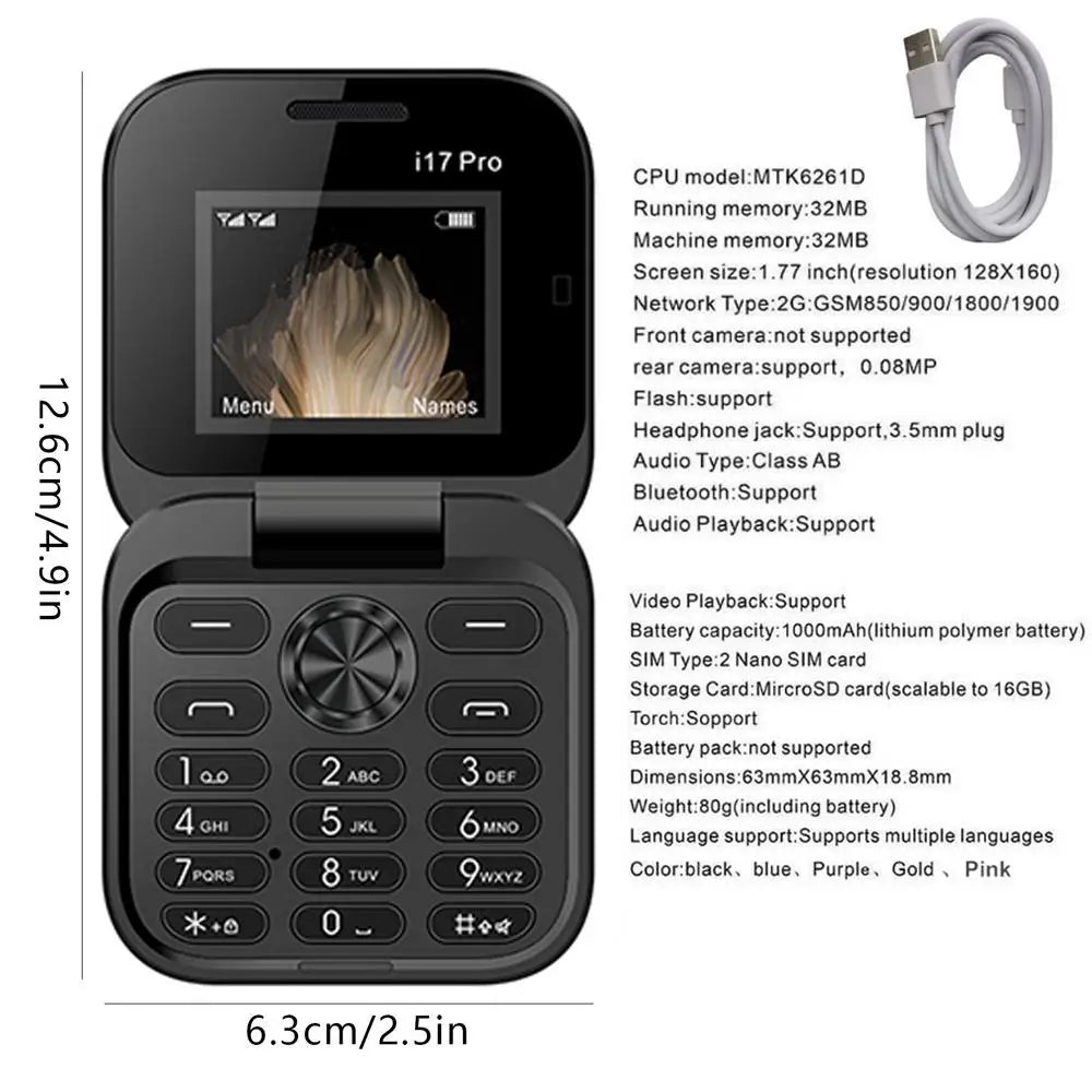 Seniors Cell Phone Foldable Multifunctional Clamshell Phone 1.77 Inch Screen Mini Mobile Phone Portable Clamshell Phone With