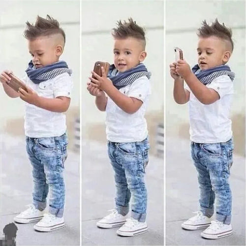 2-7 Years Kids Clothes Boys Outfit Summer Children's Clothing Boy Sets Cotton Short Sleeve O-Neck Tops+Jeans+Scarf Baby Costume