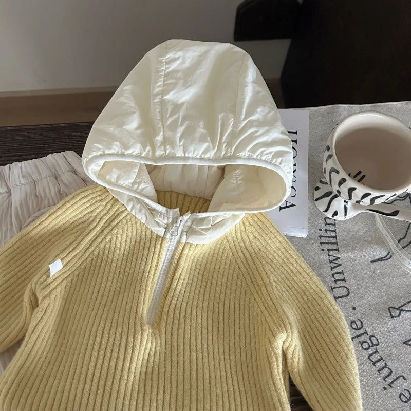 Korean Children's Clothing 2025 New Winter Girls' Knitted Hooded Sweater, Children's Plush Warm Pants Kids Suits