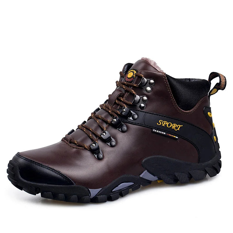 Mens Hiking Boots Leather Comfort Outdoor Anti Slip Trekking Shoes Super Warm Winter High Top Lace Up Casual Snow Boots for Men