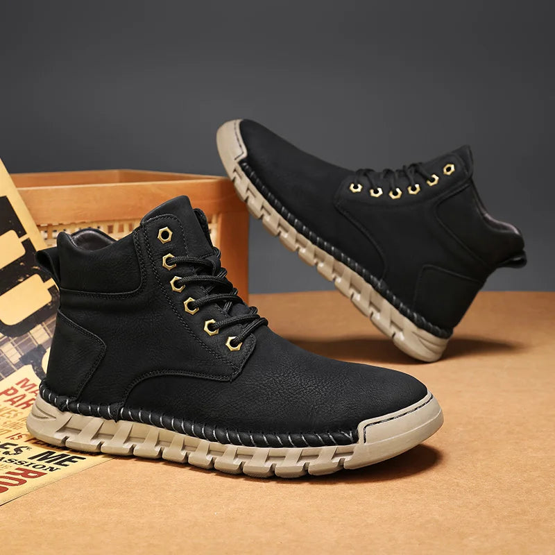 New Men's Outdoor Casual Work Shoes, Slip-resistant and Durable Genuine Leather High-top Outdoor Boots, Men's Short Boots