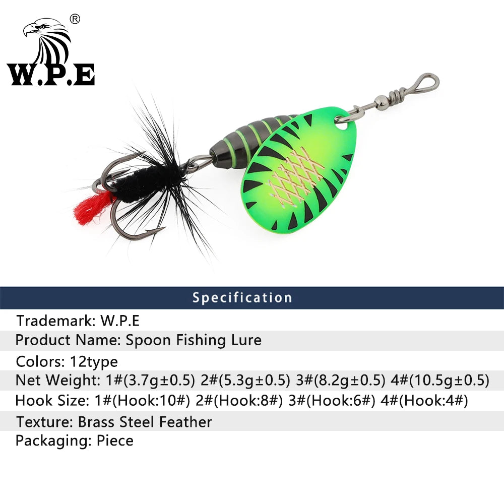W.P.E 1pcs Spinner Lure 3.7g/5.3g/8.2g/10.5g Bait Metal Brass Spoon Hard Lure Feather Treble Hook Fake Lure Fishing Tackle Pesca