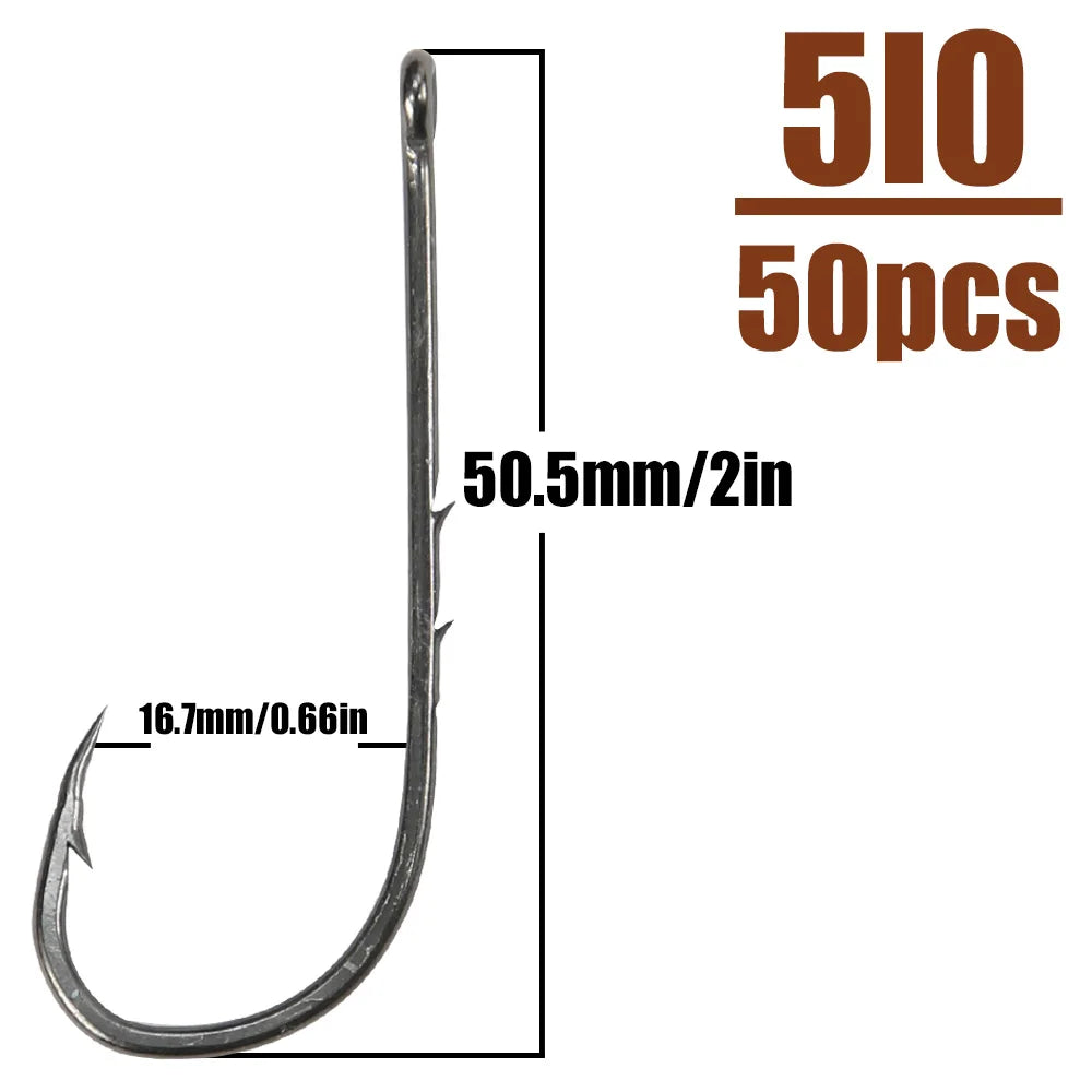 B&U 50pcs/lot Fishhooks High Carbon Steel Long And Straight Shank Barbed Fishing Hooks For Fresh And Saltwater Fishing