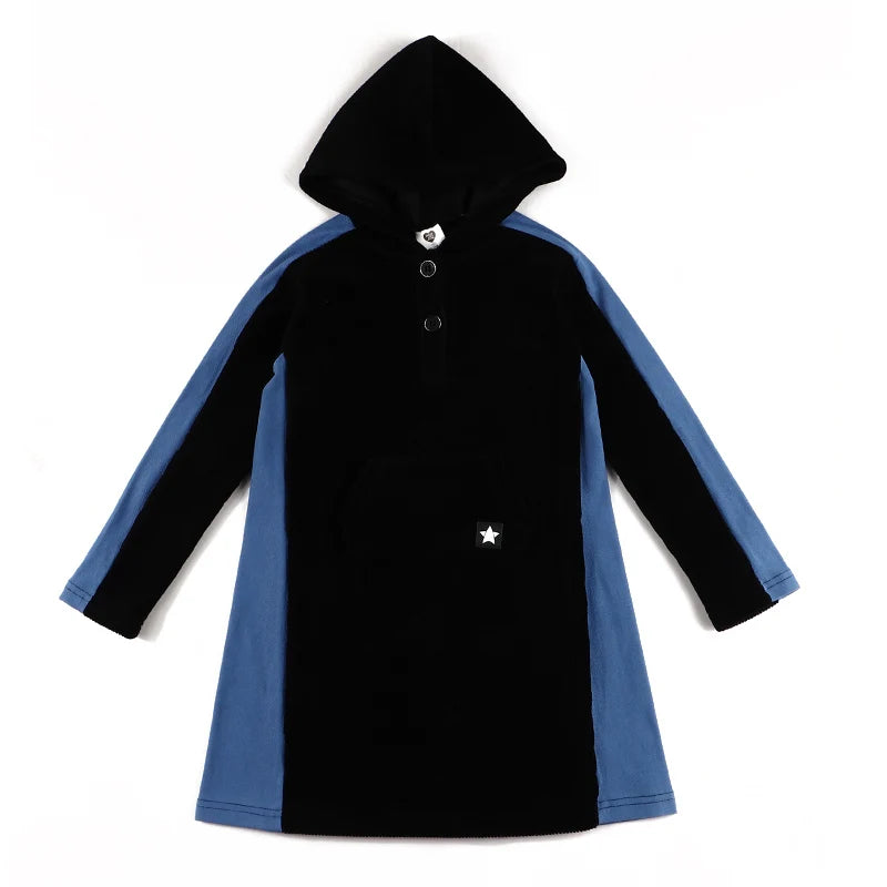 Kids shirt black corduroy dress side denim panel long sleeves boy/girls t-shirt cangroo pocket family set outfit hoodie clothing