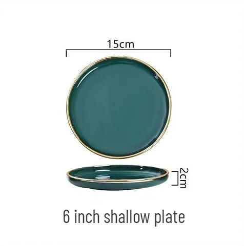 Gold Edging Green Porcelain Plates Food Dinner Set Dishes Salad Soup Bowl Ceramic Plates Bowls Luxurious Tableware Set