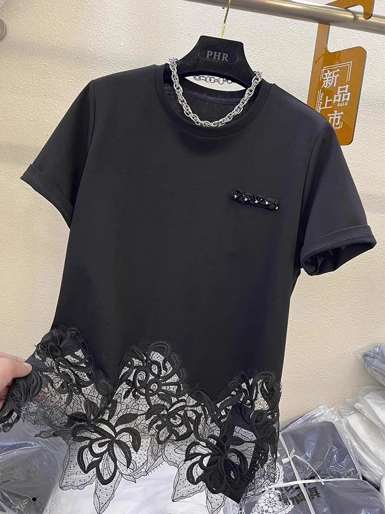 Elegant Lace Hem Short Sleeve Pure Cotton T-Shirt Women's Fashionable Summer New Style European Goods Irregular Top