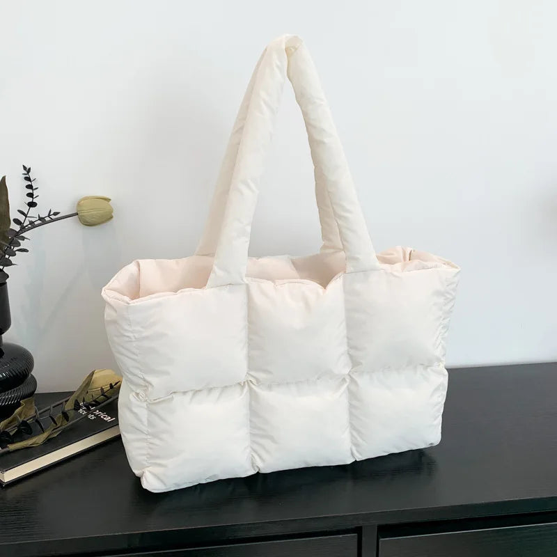 Women Tote Handbags Quilted Plaid Bag Retro Trendy Checkered Waterproof Shoulder Bag Solid Color Winter Soft Large Capacity Bags
