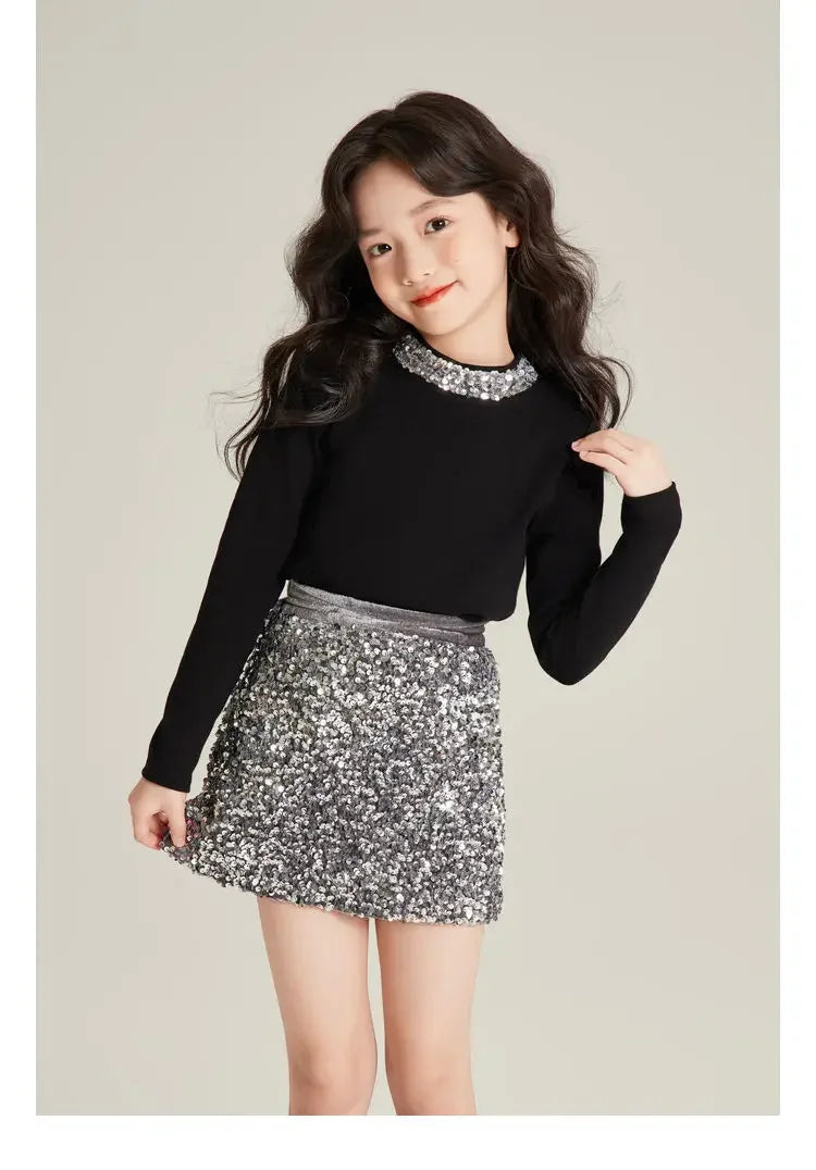 Kids Girls Clothes Girls Fall Boutique Sets Top  Sequined  Elementary Student Clothes Skirts Princess 2025  Elegant Suits 3-8 T