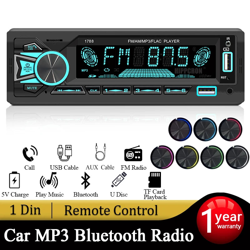 1 Din Car Radio Stereo Bluetooth MP3 Player with Remote Control Hands-free Calls AUX USB TF Card Universal FM Receiver