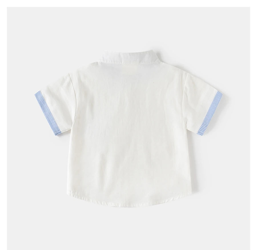 2026 Summer 2T-6T Korean Childrens Clothing Blue and White Striped Pattern Shirt for Boys kids Stand Collar Shirt