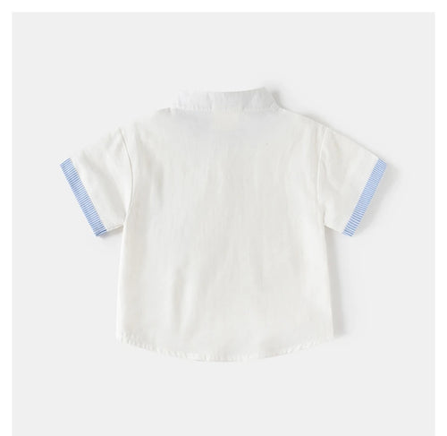 2026 Summer 2T-6T Korean Childrens Clothing Blue and White Striped Pattern Shirt for Boys kids Stand Collar Shirt