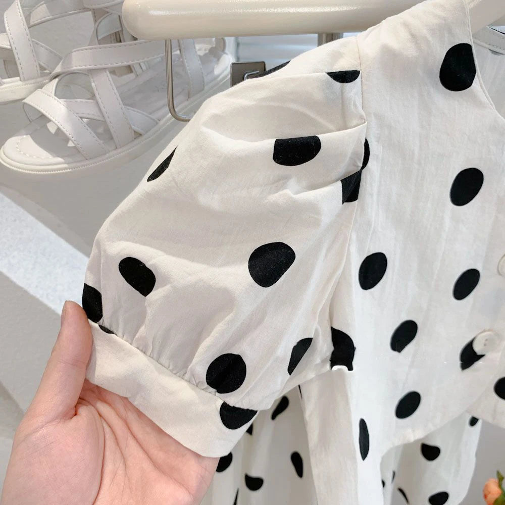 Polka Dot Girls Clothes Set Puff Sleeve Shirt Skirt Suit 2pcs Toddler Girls Summer Sets New Kids Outfits Children Clothing Set