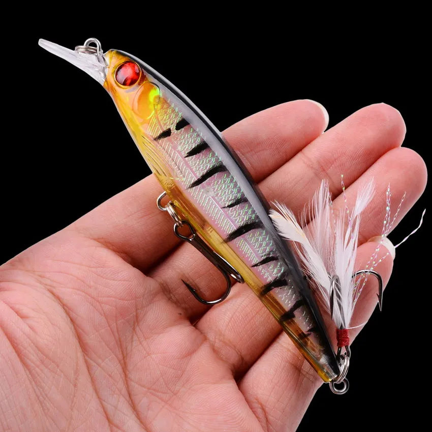 Aorace 5pcs/box Laser 3D Eyes Bionic Minnow Fishing Lure -13.3g Hard Bait with Feather Treble Hooks for Maximum Catch