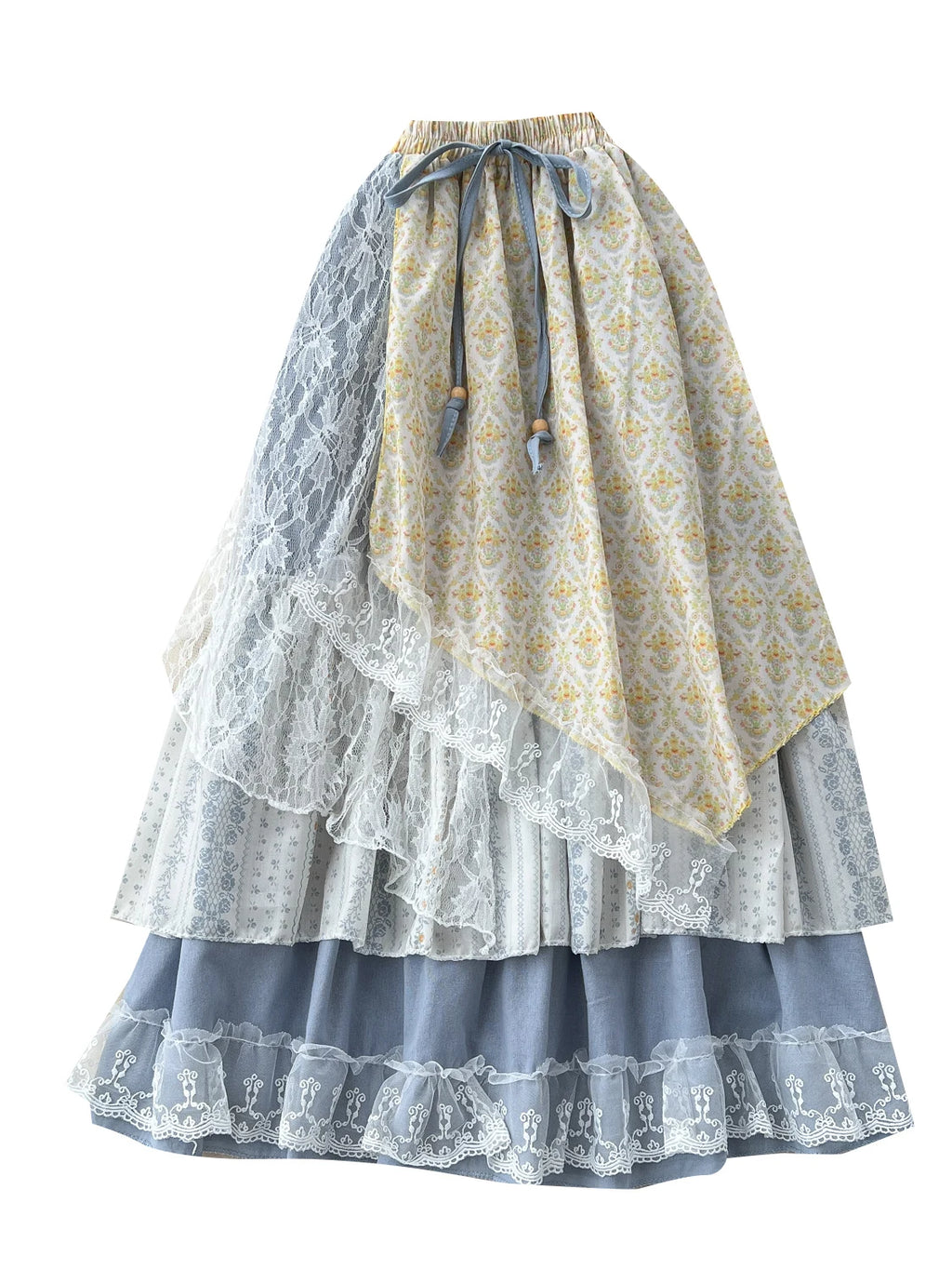 Sweet Forest System High Waist f Skirt Women's Summer New Design Lace Splicing Floral Asymmetrical Fairy Skirt