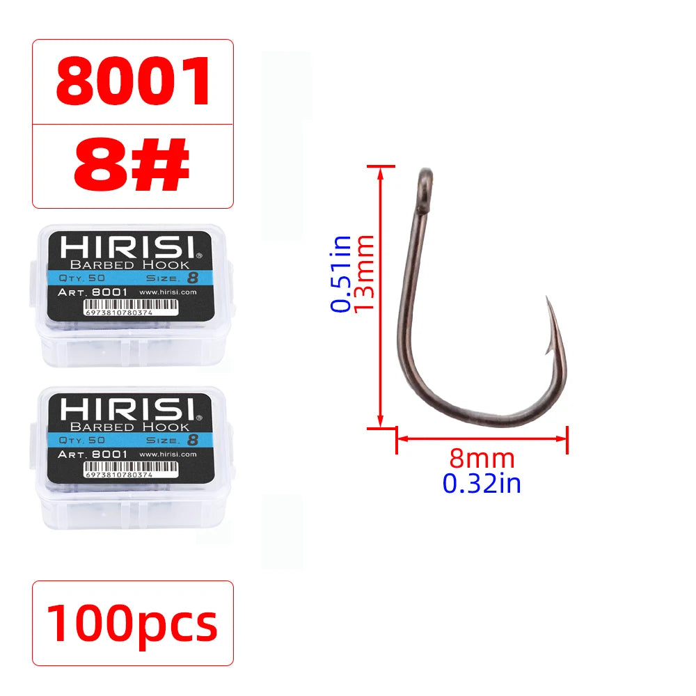 Hirisi 8001 100Pcs Fish Hook  PTFE Coated High Carbon Stainless Steel Anti-Rust Sharp Barbed With Eye Fishing Accessory