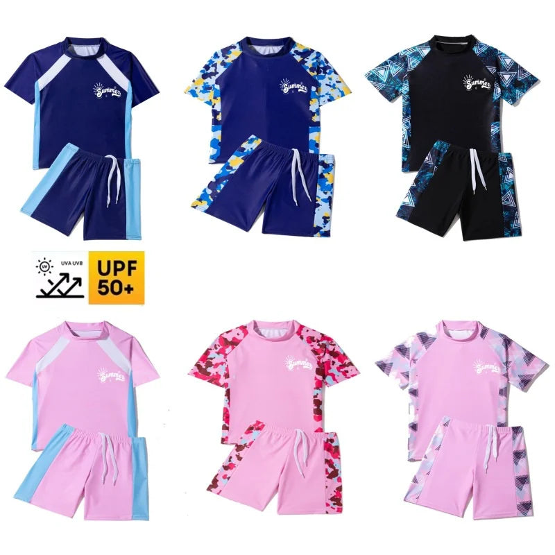 Boys Girls Swimsuit Sets Kids Short Sleeve T-Shirt Shorts Swimwear 2Pcs Children's Split Surfing Quick Drying Swimming Clothes