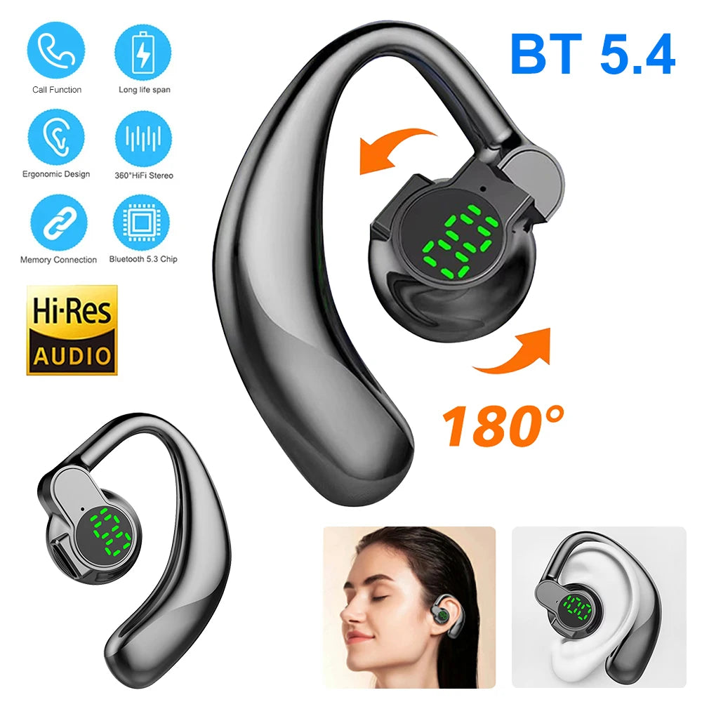 180°Wireless Headphone Bluetooth 5.4 Handsfree Noise Canceling Rotatable Sport Digital Display Earphones Single Ear Earhook