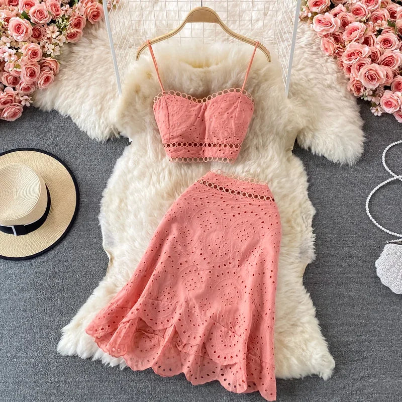 Summer Elegant Casual Fashion Skirts Suit Women Hallow Out Sleeveless Tanks Tops A-Line Two Pieces Set Female Outfits