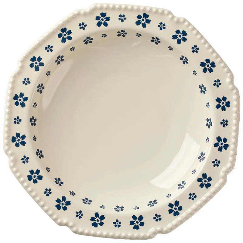 1PC Ceramic Tableware Retro Blue Cherry Blossom Household Rice Bowl Vegetable Plate Niche Bowl Set  Cute Bowl