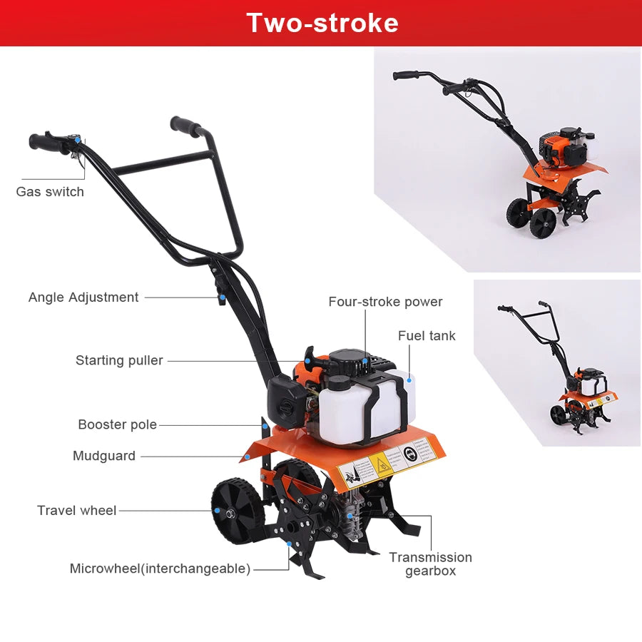 4-Stroke/2-Stroke Micro Tiller Gas-Powered Garden Cultivator Rototiller for Small Farm Land Soil Cultivation Weeding