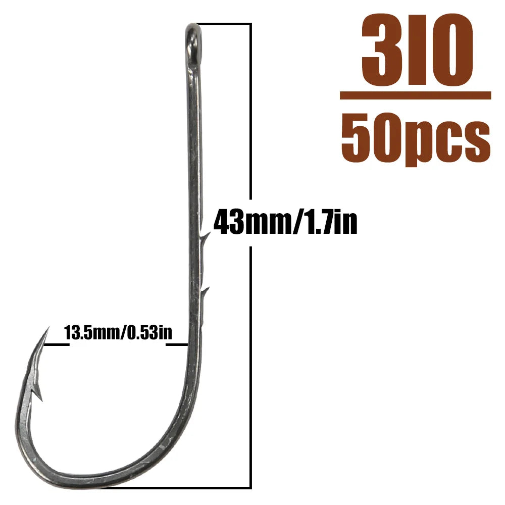 B&U 50pcs/lot Fishhooks High Carbon Steel Long And Straight Shank Barbed Fishing Hooks For Fresh And Saltwater Fishing