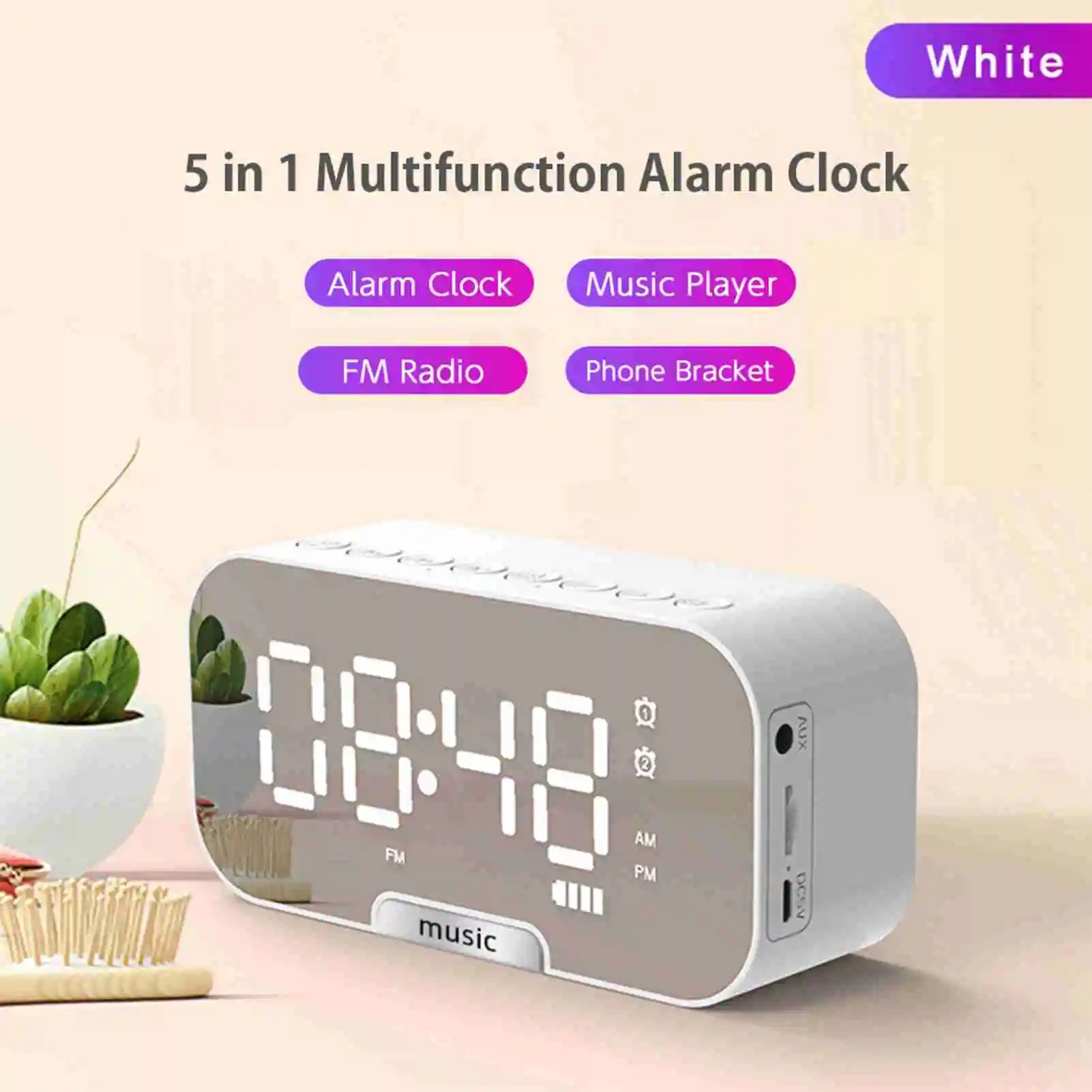 Digital Mirror Surface Alarm Clock with BT Speaker FM Radio Dual Alarms Electronic Desktop Clock Rechargeable Portable Player