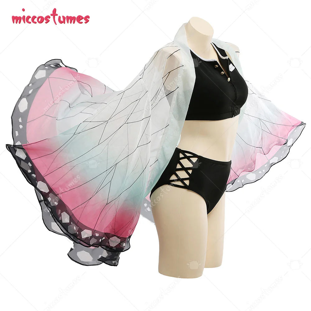 Women Bathing Suit  Two Piece Bathing Suit Swimwear with Strapped Butterfly-Printed Kimono Haori Cover Up