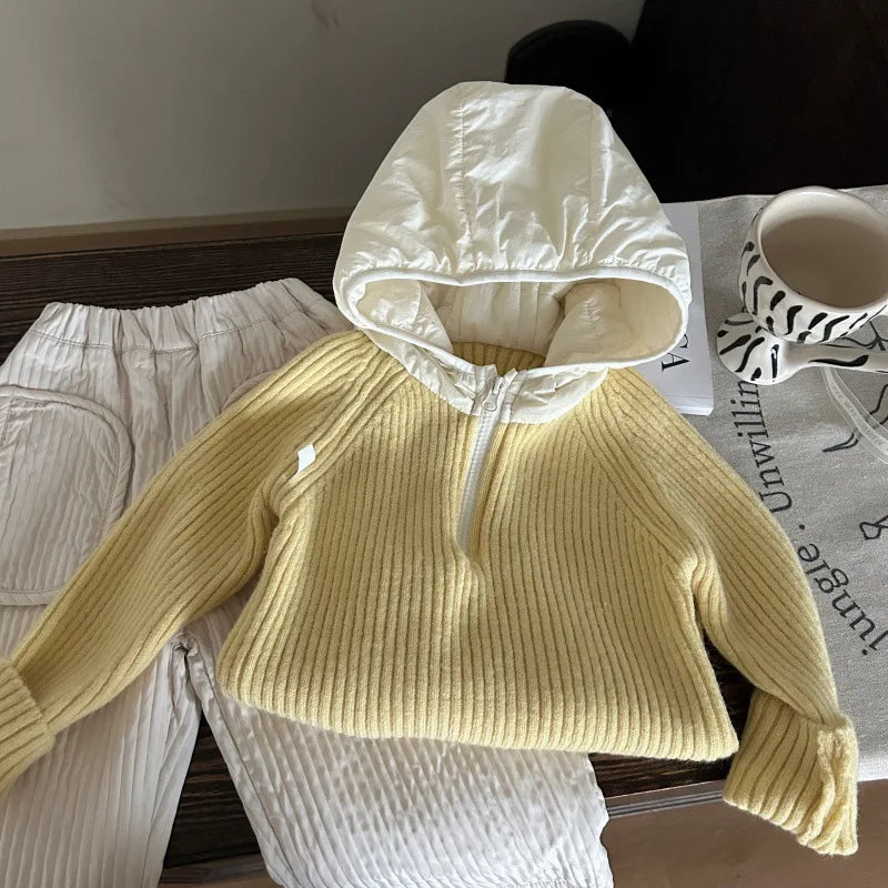 Korean Children's Clothing 2025 New Winter Girls' Knitted Hooded Sweater, Children's Plush Warm Pants Kids Suits
