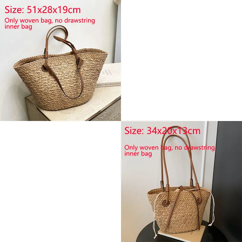 Rattan Large Capacity Casual Tote Bag Designer Wicker Woven Women Handbags Summer Beach Straw Bag Lady Travel Big Basket Purses