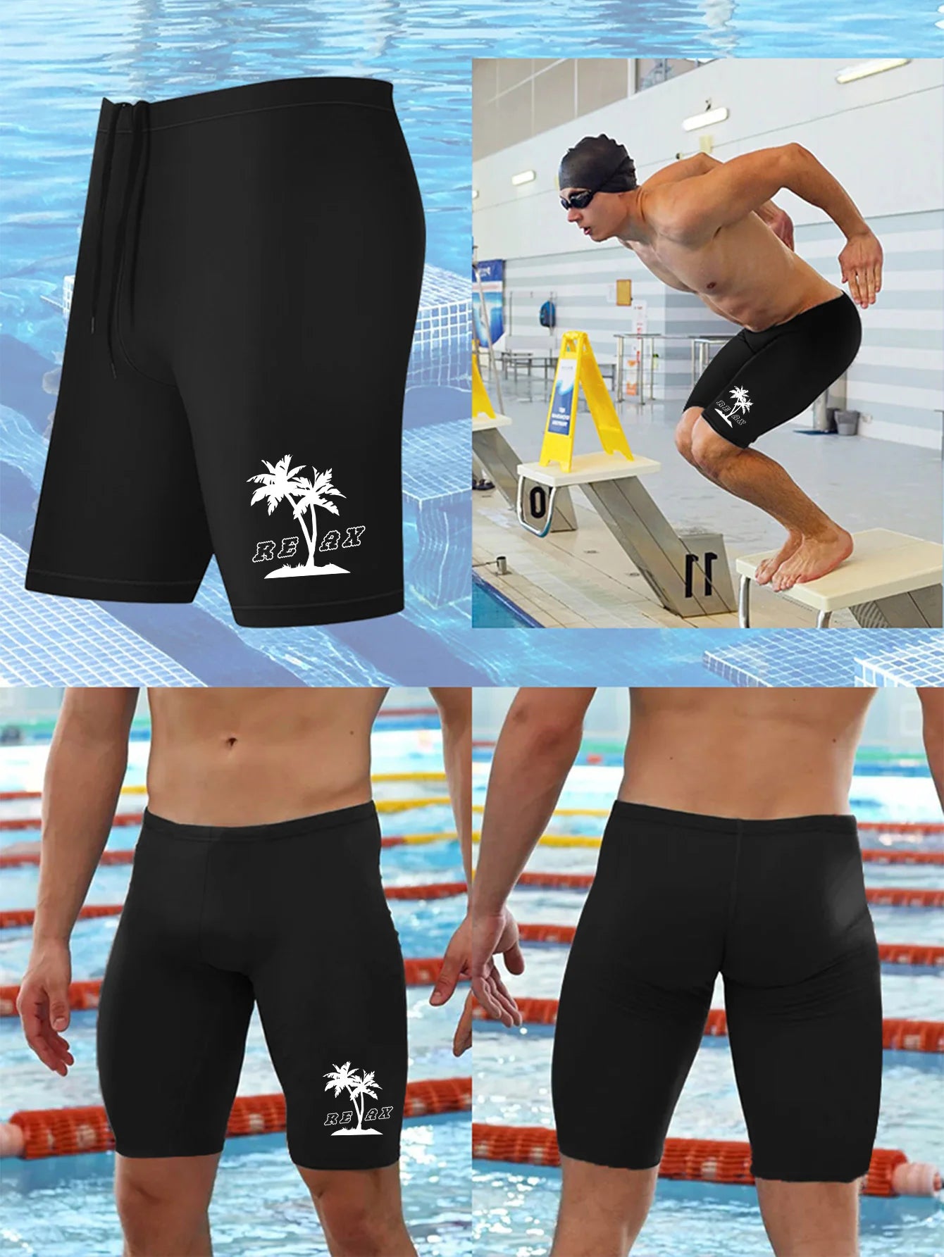 Mens Printed Swimming Trunks with Aadjustable Drawstring ,Quick Dry Sports Swim Wear Black for Gym Swim