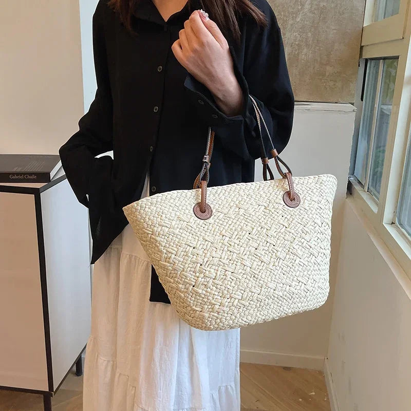 Rattan Large Capacity Casual Tote Bag Designer Wicker Woven Women Handbags Summer Beach Straw Bag Lady Travel Big Basket Purses