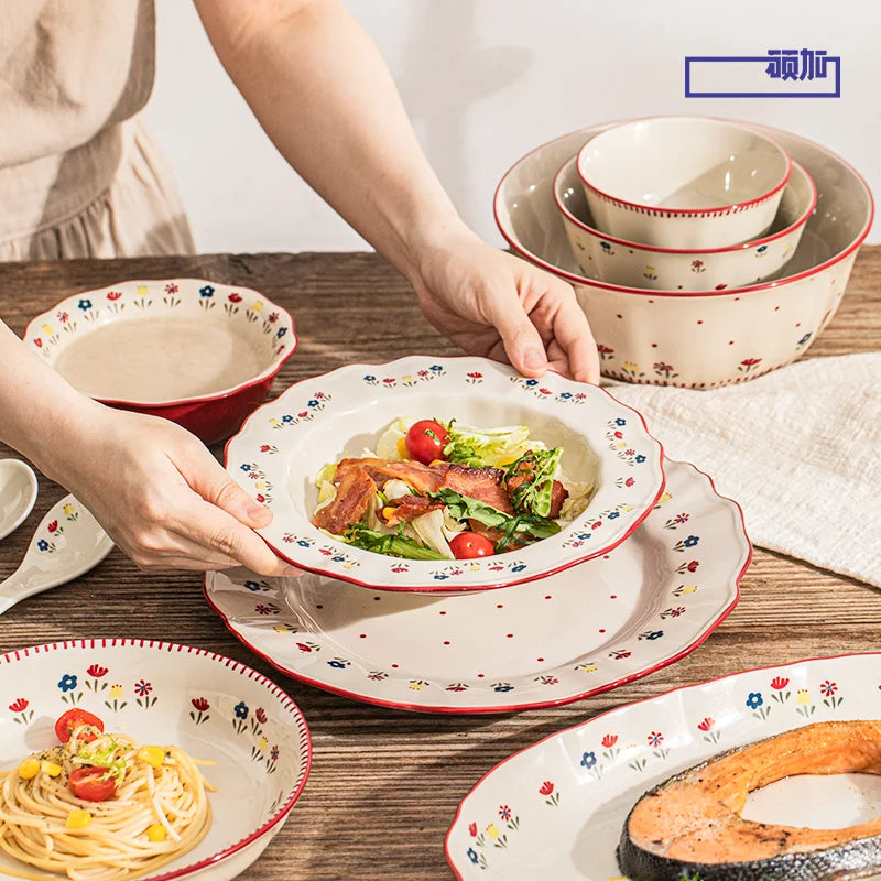 High Quality Vintage Ceramic Dinnerware Ceramic Soup Bowl Salad Pasta Plate Microwave Safe Colorful Ceramic Plates Bowls Set