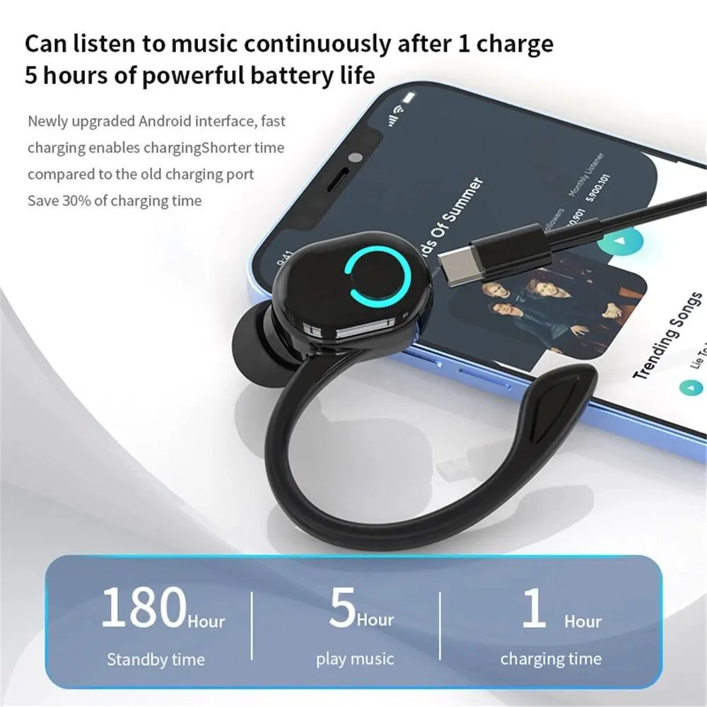 Wireless Ear Hook Earphones Single Mini Handsfree Headphones HIFI Bass Noise Cancelling Sport Headset with Mic For Mobile Phone
