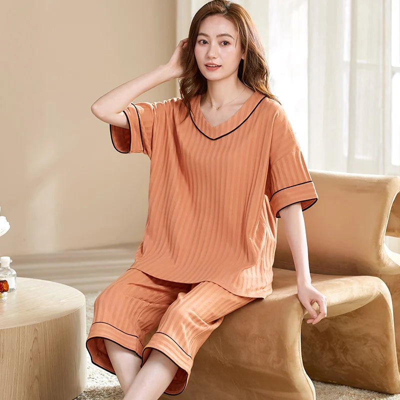 Animal Panda Women Pajamas Sets Summer Knit Cotton Sleepwear Short Sleeve Cropped Trousers Pyjamas Female Home Suit M-5XL