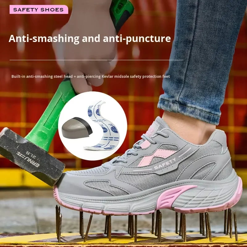 Women‘s Safety Shoes Anti-Smash Anti-Puncture Lightweight Fashionable Grey Pink Color Comfort Fit Daily Wear Protective