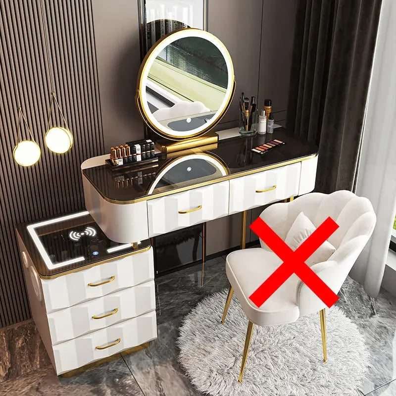 Makeup Vanity Desk with Wireless Charging Station and Bluetooth Speaker, Dressing Table with Tempered Glass Desktop,Vanity Set