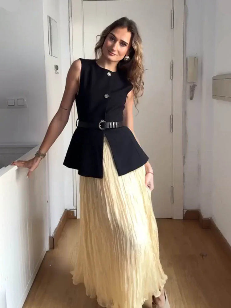 HH 2025 Women Summer New Solid A-Line Midi Skirt Female Casual Pleated Button Crease Effect Trendy Elastic Waist Skirts