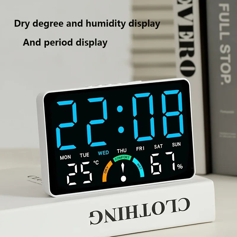 A multifunctional electronic clock with a borderless design, featuring brightness adjustment and automatic sensing functions, ca