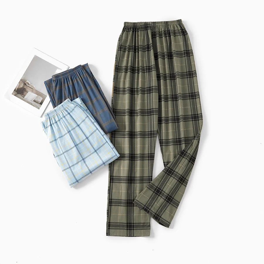 Good-Looking Men's Pajama Pants for Spring, Autumn, and Summer, Thin Long Pants, Plus Size, Loose Plaid Home Pants for Middle-Aged Dads