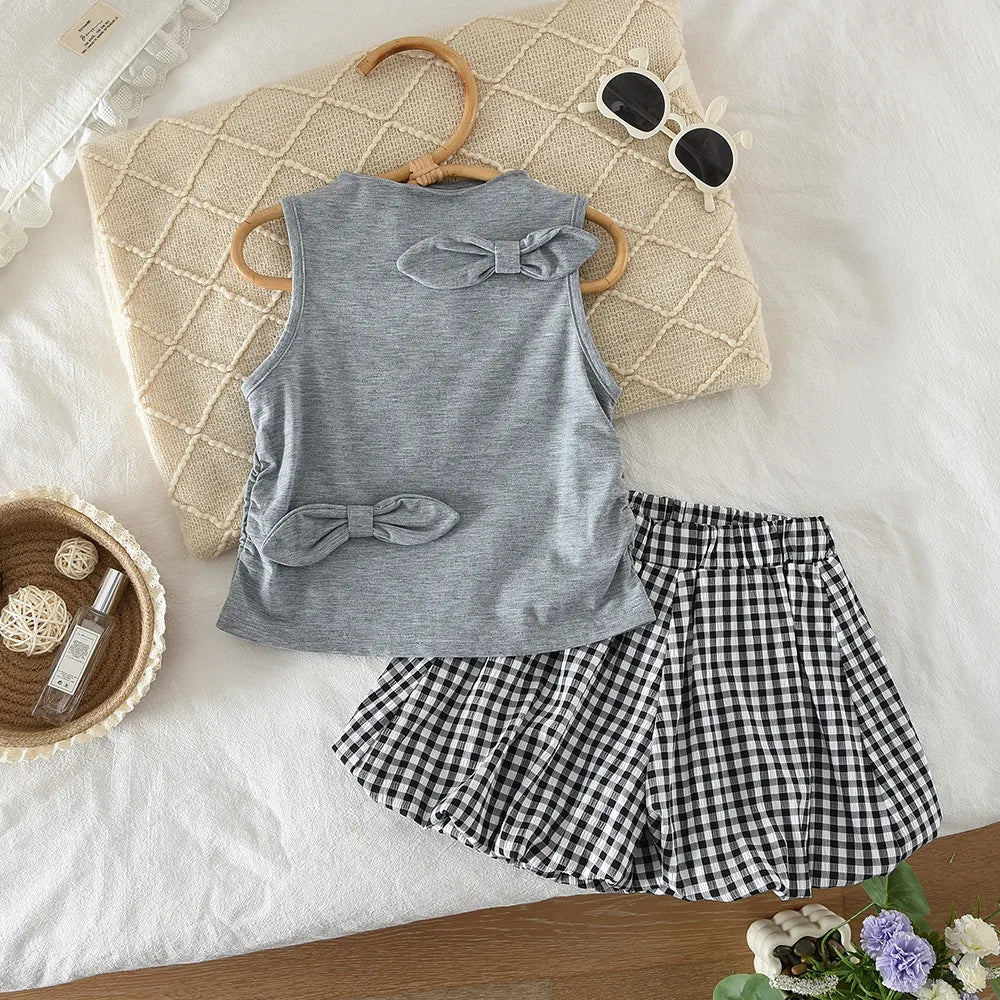 2026 Kids Clothing Girls' Summer Clothing Gray Bow Hollow Sleeveless Top + Checkered Shorts Daily Casual Children's Set