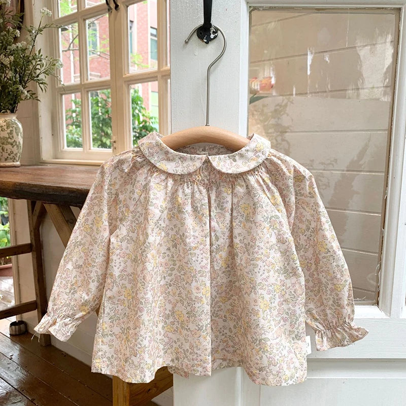 Spring Toddler Girls Blouse Petal Pan Collar Summer Soft Cotton Baby Tops Casual Kids Long Sleeve Base Shirt Embroider Clothes