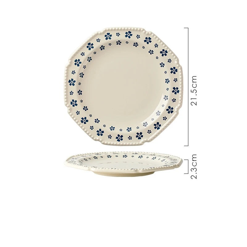 1PC Ceramic Tableware Retro Blue Cherry Blossom Household Rice Bowl Vegetable Plate Niche Bowl Set  Cute Bowl